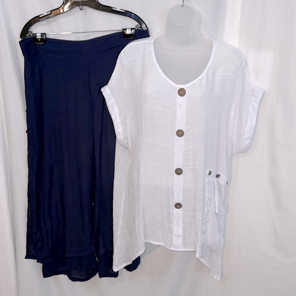 Picadilly Canada Womens Lightweight Summer White Shirt Navy Pant Set Size L - Picture 1 of 12